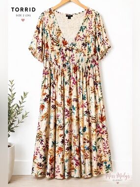 Torrid 2X Floral Smocked Midi Dress Pockets Boho Flowy